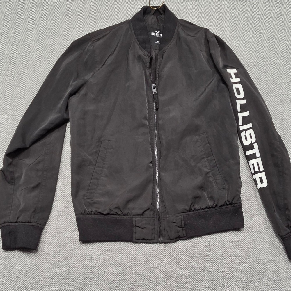 Hollister Mens Bomber Jacket Black California Sleeve Graphic Full Zip Medium
